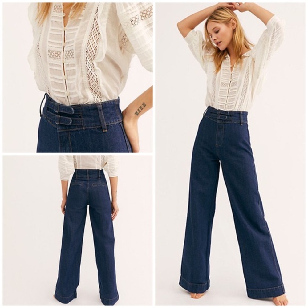 Free People Blue Wide Leg Flare Jeans